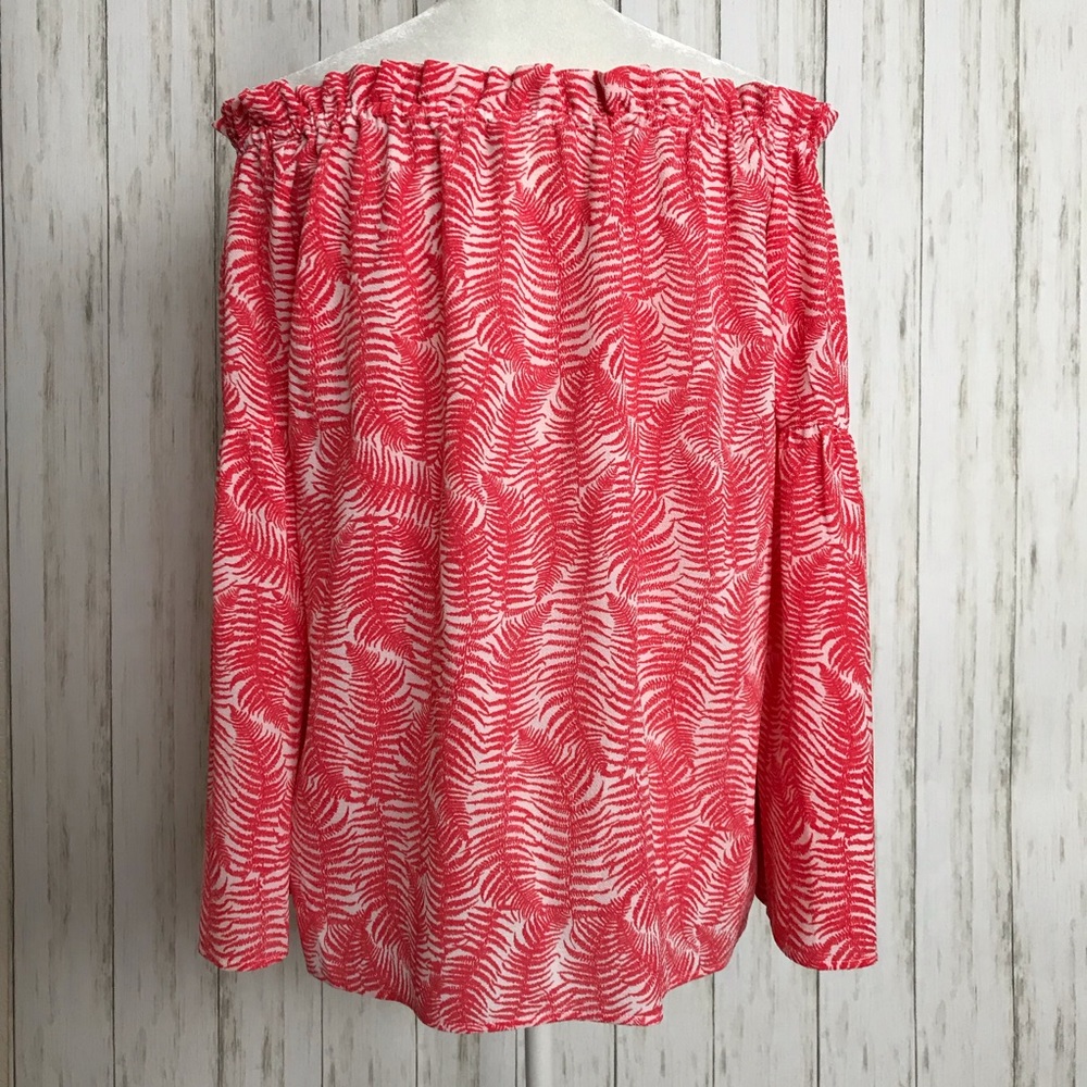 MICHAEL Michael Kors Off Shoulder Bell Sleeve Blouse-Coral and White - Picture 4 of 8